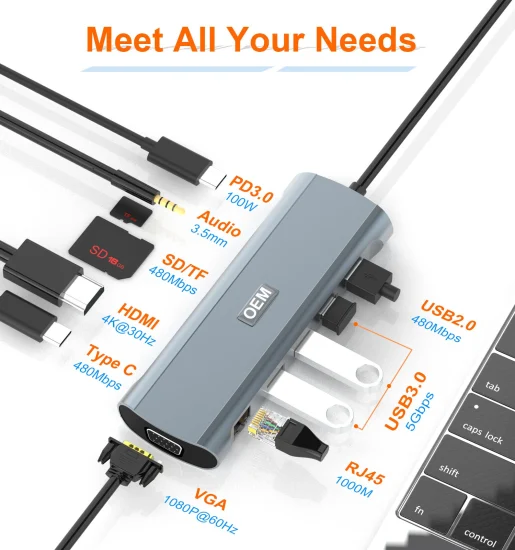 ハブ USB-C 12 in 1、オーディオ、SD、TF、ドッキング ステーション USB 2.0-C、2 HDMI、VGA、RJ45、レテ ギガビット、ハブ USB PD チップ C